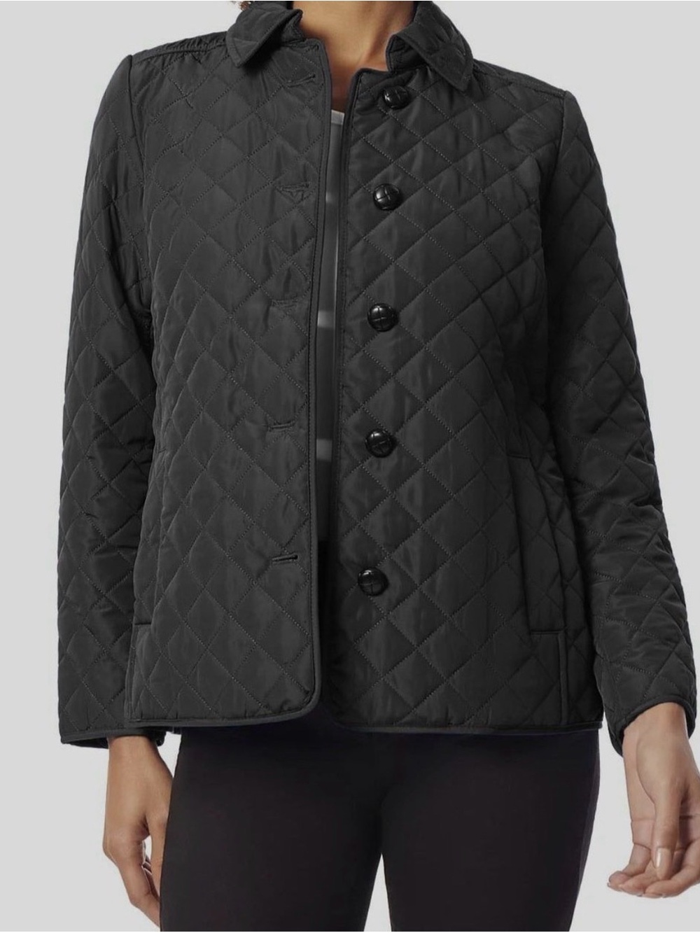 Jones New York Black Quilted Button-Front Puffer Jacket with Collar